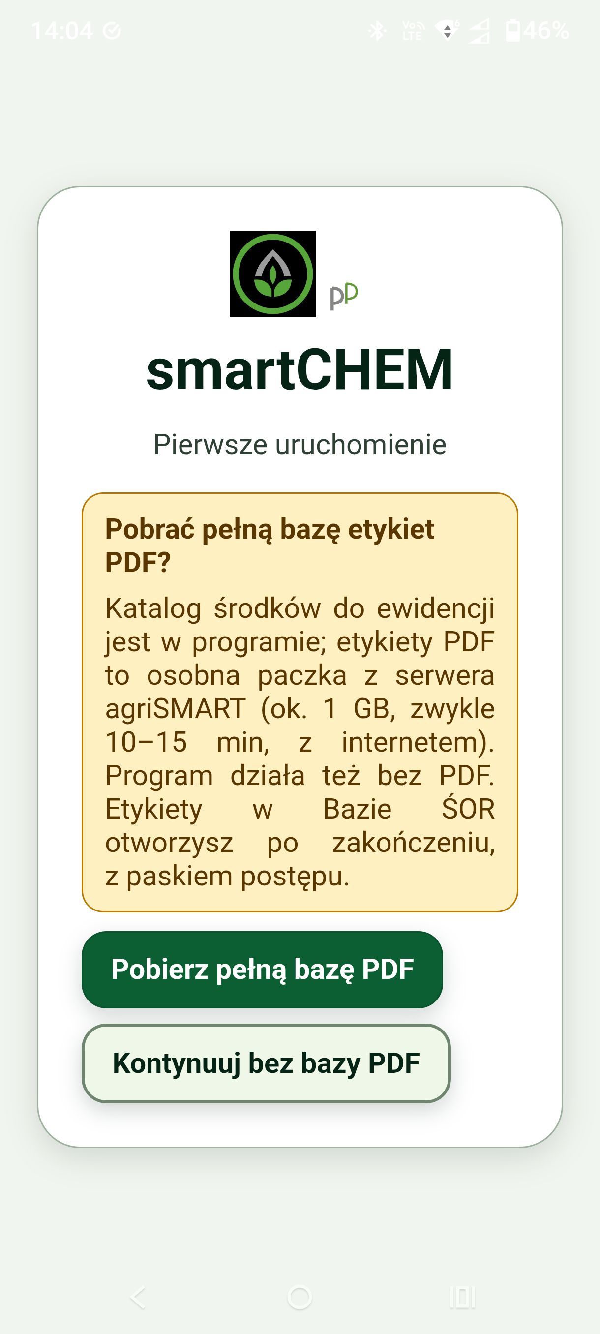 Pierwsze uruchomienie — pobierz bazę PDF
