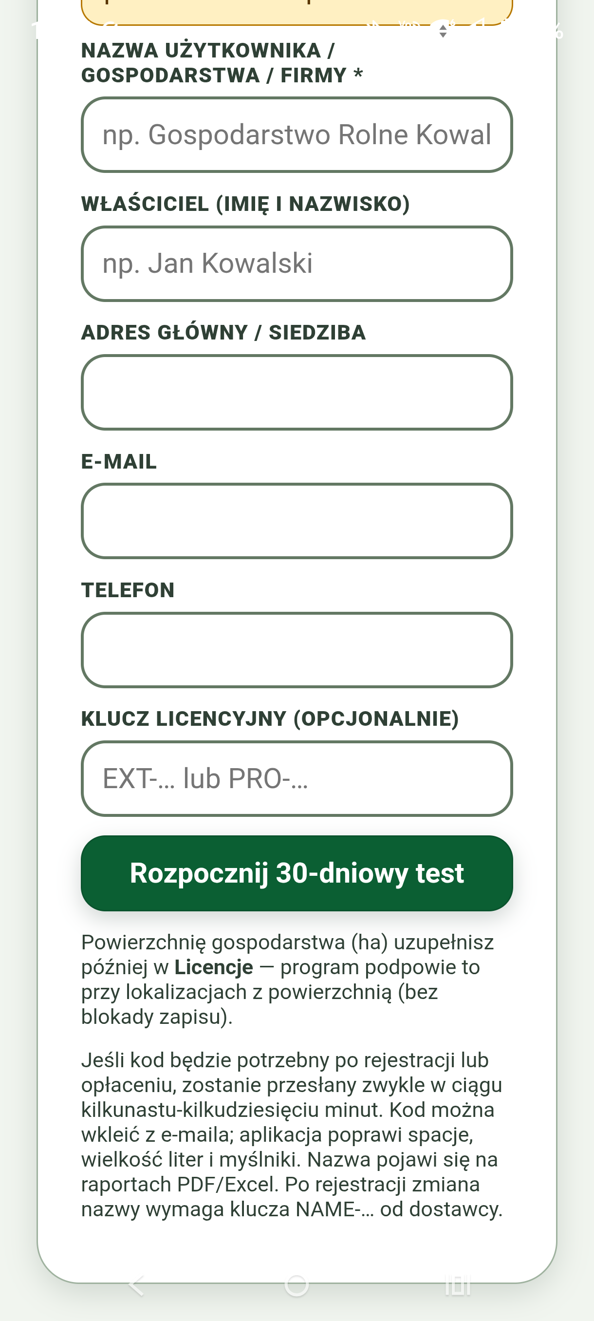 Formularz wersji testowej
