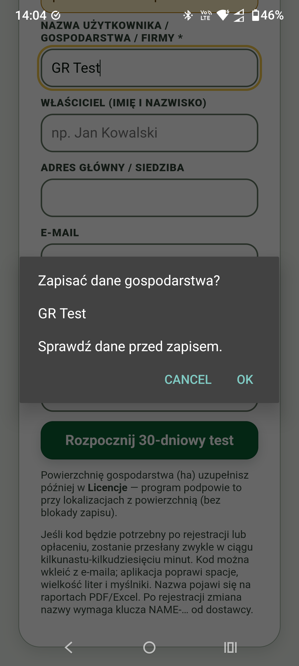 Dialog: Zapisać dane gospodarstwa — OK