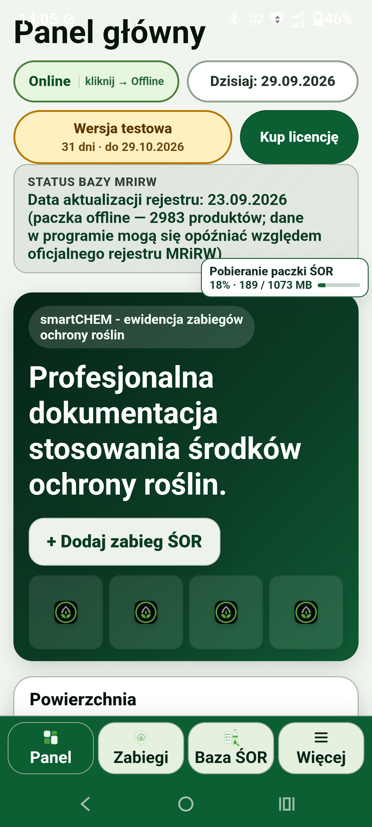 Panel — okno postępu pobierania paczki